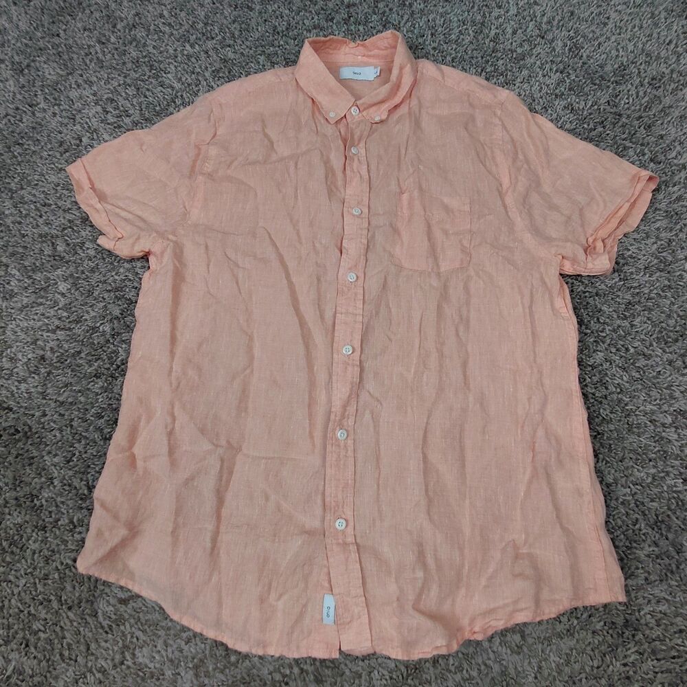 Onia 100% Linen Button Down Shirt Mens Size Large Orange Short Sleeve